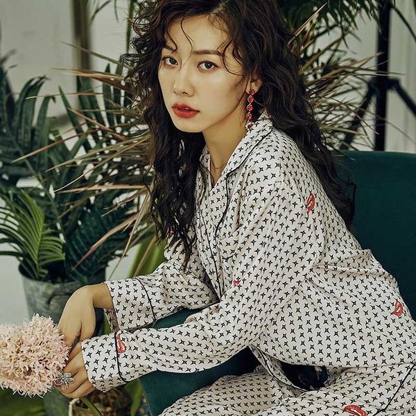 

women's sleepwear summer new women ice silk pajama set star printed turn-down collar elegant soft satin homewear tender casual wea, Black;red