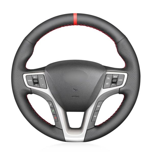 

steering wheel covers black artificial leather red marker handsewing no-slip car cover for i40 2011 -2021