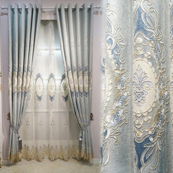 

damask blue fabric curtains for living room jacquard blackout luxury drapes bedroom custom blinds window shading 70% panel curtain &