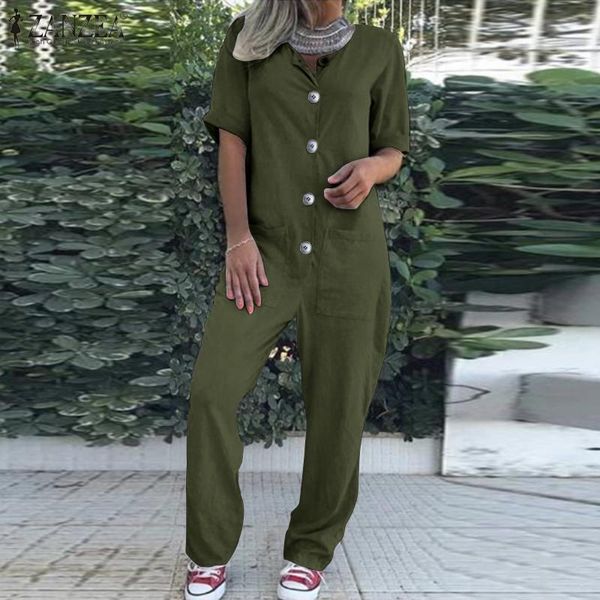 

women's jumpsuits & rompers zanzea fashion summer short sleeve long casual solid women buttons down overalls loose playsuits dungarees, Black;white