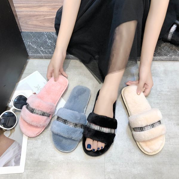 

plush slippers women's autumn and winter stitching with open toe word mop home indoor wooden floor cotton, Black