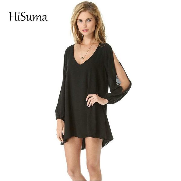 

casual dresses 2021 spring summer women's chic v-neck long sleeve chiffon fairy dress female solid color plus size xl xxl, Black;gray