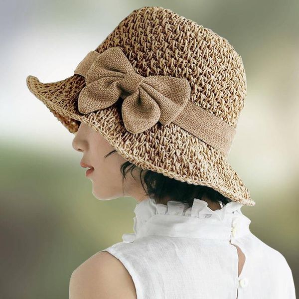 

women's summer small fresh raffia sun hat straw fisherman simple bow knot wild wide brim hats, Blue;gray