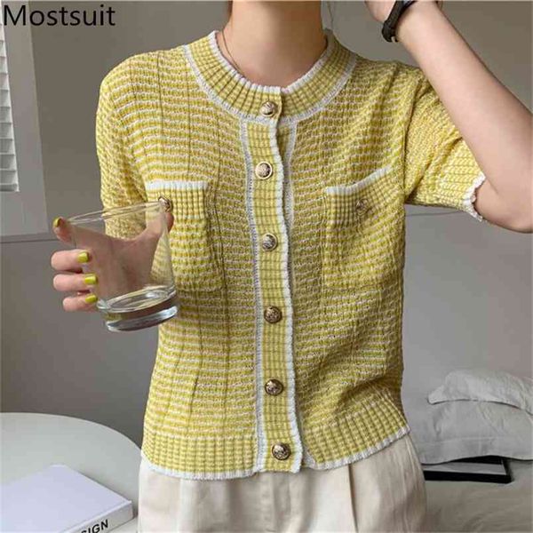 

summer vintage knitted cardigan sweater women short sleeve o-neck single breasted pockets korean elegant ladies jumpers 210513, White;black