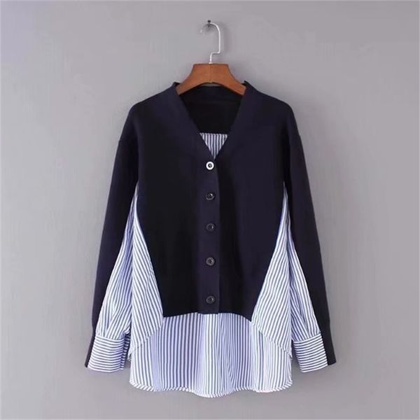 

korean spring casual women's wear v-neck stripe stitching long-sleeved shirt office lady 210615, White