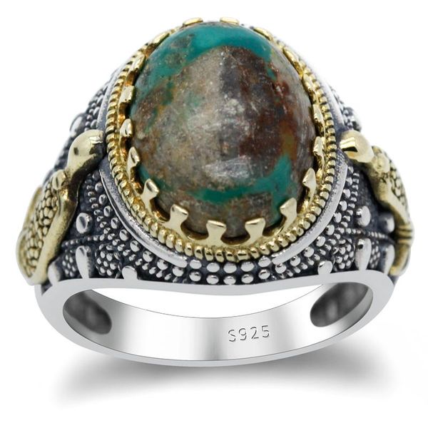 

sterling silver natural turquoise stone men's ring, green turkish gemstone ring for jewelry cluster rings, Golden;silver