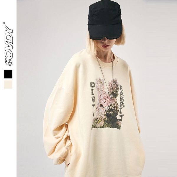 

wxwovdy autumn street fashion brand personalized dirty rabbit print men's and women's lovers' off shoulder loose round neck p, Black