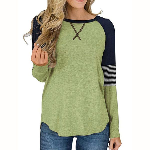 

fashion stripe stitching long sleeves chest cross avocado green t-shirt women casual o-neck loose white autumn black tees women's