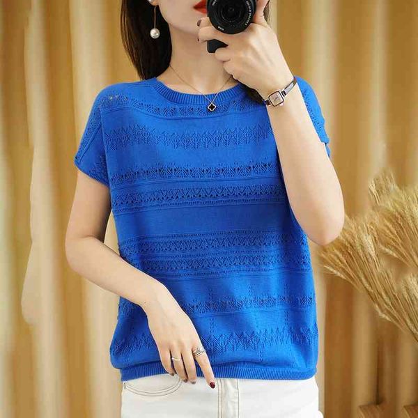 

women's t-shirt new cotton linen knitted short-sleeved round neck thin section hollow casual t-shirt women 2021 summer loose p, White