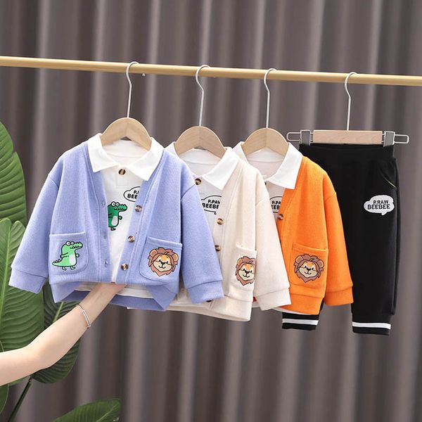 

baby clothing sets boys suits kids clothes cotton casual childrens wear long sleeve knitted jacket cardigan shirts coat trousers pants carto, White