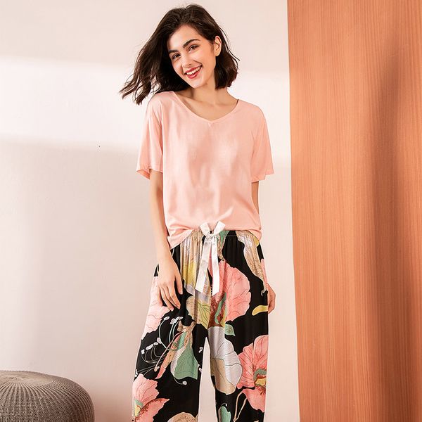 

women's sleepwear lotus printed simple style round-neck summer new cotton satin ladies pajamas set loose comfort homewear casual w, Black;red