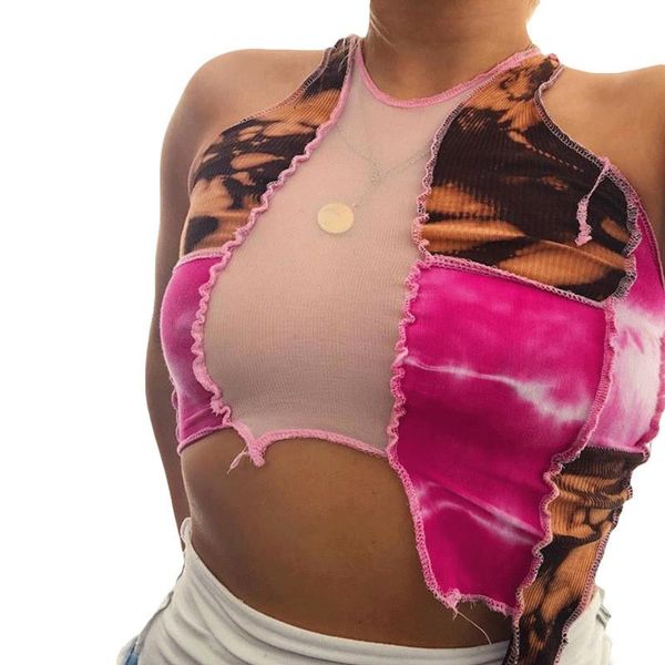 

women's tanks & camis women sleeveless vest contrast-colored underwaist mesh navel irregular knitted tank for woemen casual short, White