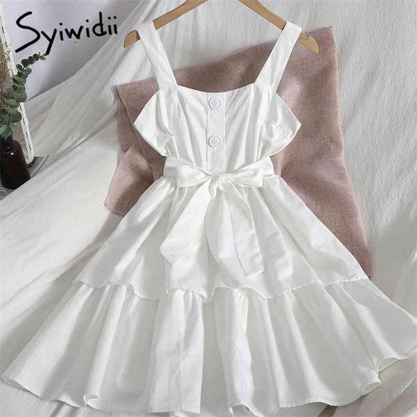 

fashion breasted high waist spaghetti strap dresses women bow bandage sleeveless a-line solid white clothes summer 210607, Black;gray