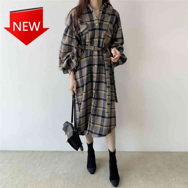 

chess lantern lace up 2021 autumn dress feminine plaid pockets, Black;gray