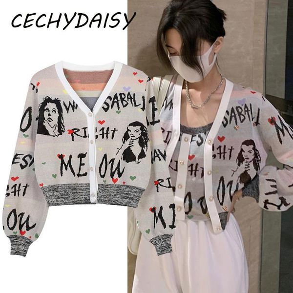 

women's knits & tees vintage knitted cardigan women 2021 autumn winter v-neck single breasted long sleeve streetwear korean fashion clo, White