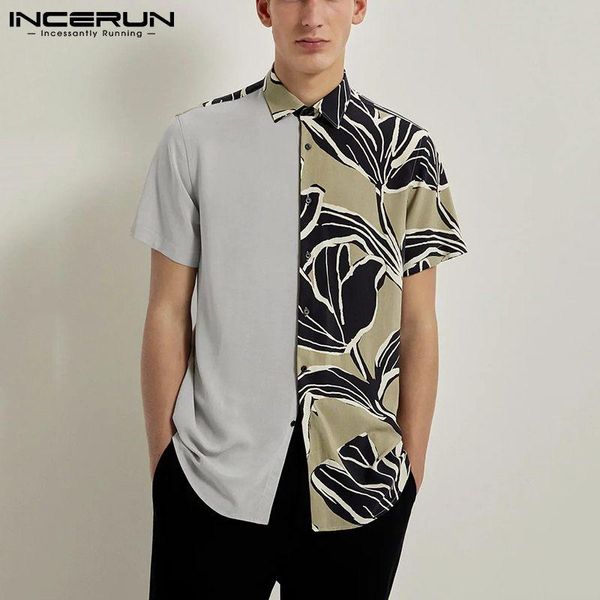 

incerun 2021 men casual shirt print patchwork streetwear short sleeve camisas summer turn down collar button shirts men s-5xl, White;black