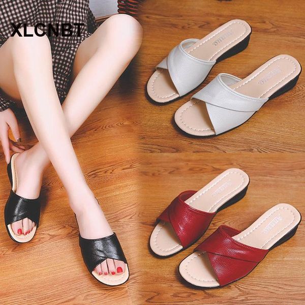 

mother slippers women summer plus size fashion pu flat bottom non-slip comfortable flip flops thick soles round head, Black