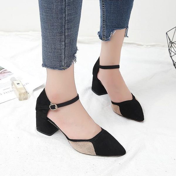 

pattern fashion korean edition wild women's thick heel high shallow mouth pointed single shoes tyu789 dress, Black
