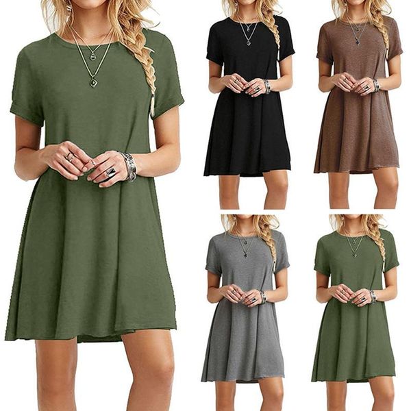 

fashion women dress solid summer female long tee casual loose straight o-neck short sleeve vestidos beach dresses, Black;gray