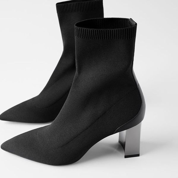 

boots autumn and winter thick heel pointed black metal high elastic fashion versatile socks thin women's