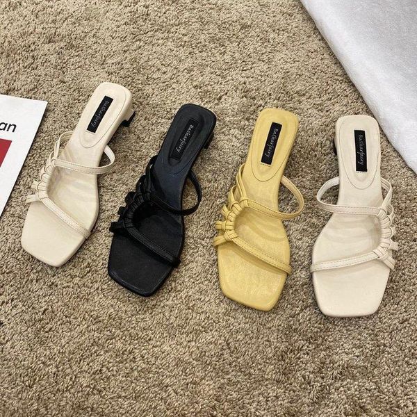 

slippers casual shoes slipers women square toe med slides low luxury 2021 block rome basic fabric hoof heels pu rubber to, Black