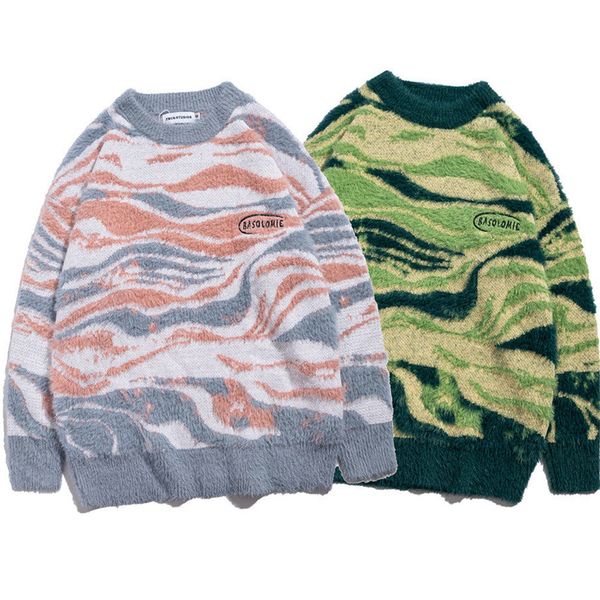 

men's sweaters pullovers knitted water wave stripes streetwear oversized harajuku round neck women's knitwear male clothing rdgt, White;black
