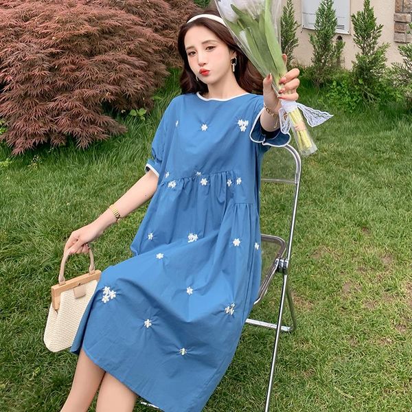 

maternity dresses 1066# dress summer short sleeves fashion easy matching embroidery loose stylish pregnant women mom, White