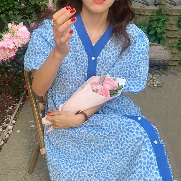 

casual dresses korean chic french temperament color contrast v-neck woman spot print single breasted waist slim bubble sleeve 3zs0, Black;gray