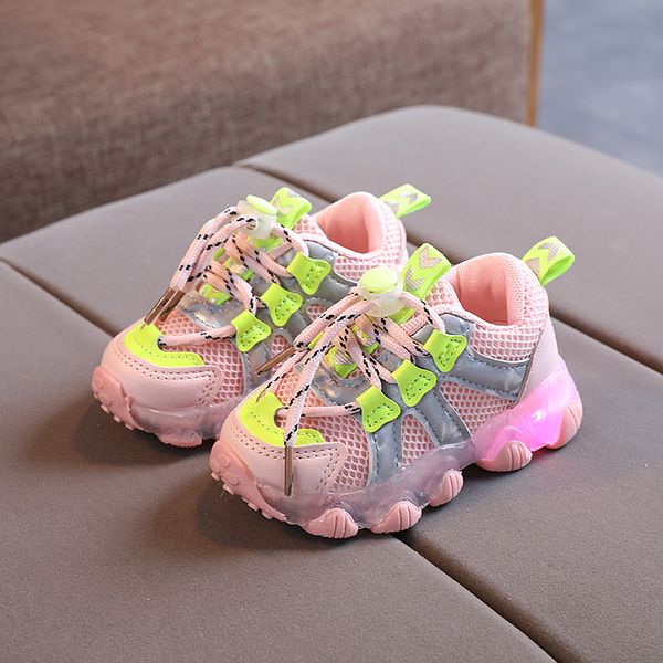 

Childrens LED Lights Korean Girls Sports Shoes Boys Luminous Breathable Net Shoes Student Running Shoes CS31, 01
