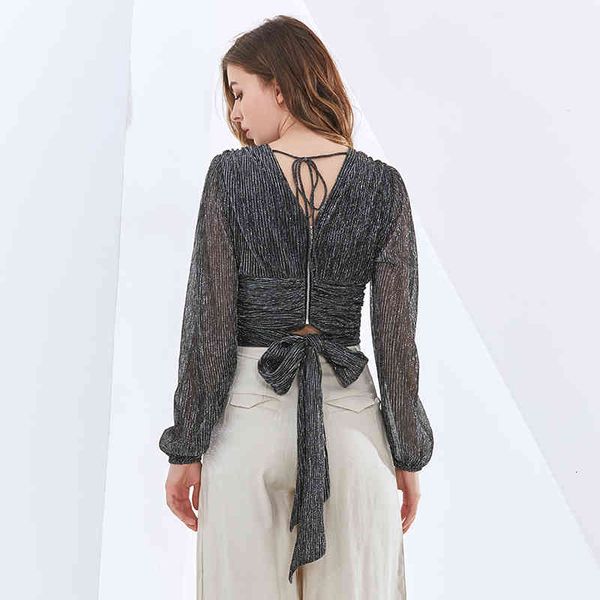 

hoodie solid short blouses for women v neck lantern long sleeve ruched bowknot lace up shirts female 2021 clothes, Black