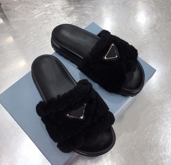 

luxury design fur women slippers summer furry sandals flip flops female shoes mules plush slides ladies triangle, Black