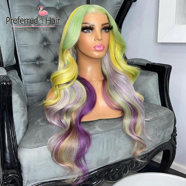 

lace wigs preferred green purple rainbow wig pre plucked 13x4 front human hair brazilian remy transparent wigsfor women, Black;brown