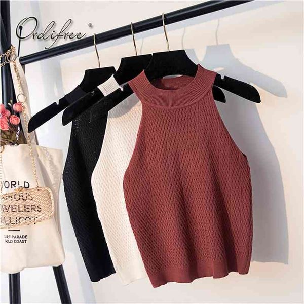 

summer off shoulder halter tank camisole sleeveless short tshirt knitted t-shirt crop 210513, White