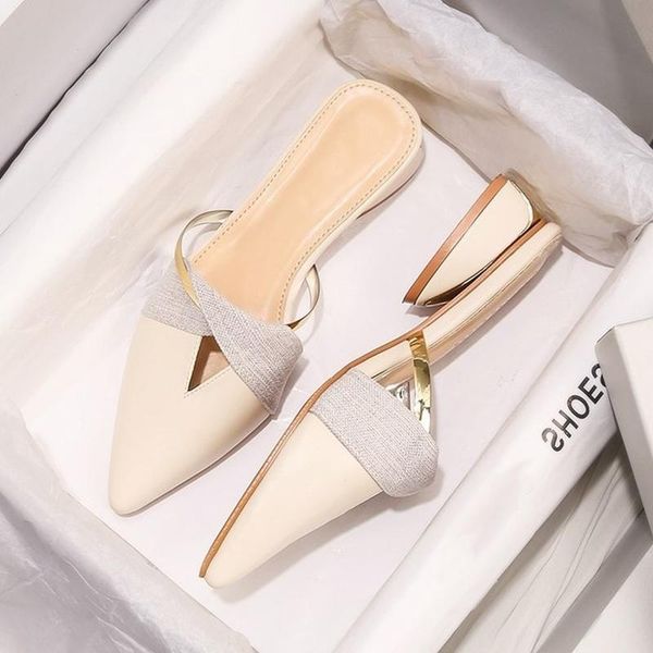 

elegant low heel women mules summer pointed-toe ladies slippers slip on leisure office shoes beige pumps female, Black