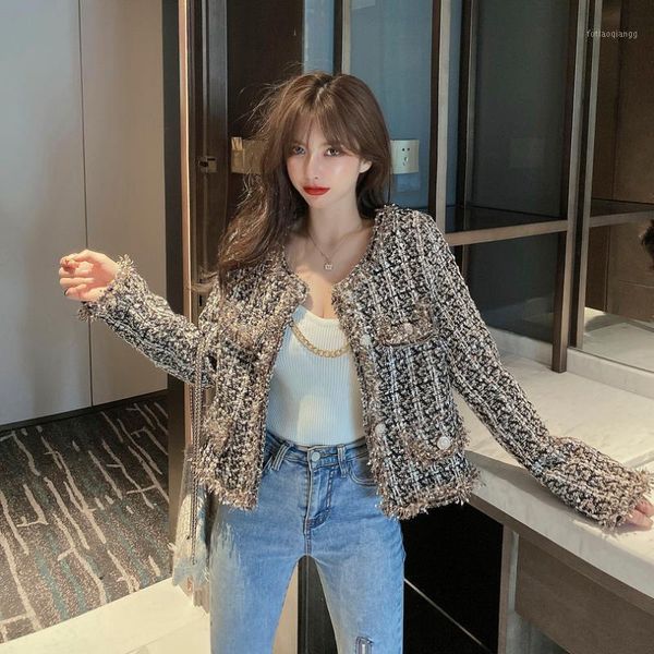 

women's jackets autumn winter tweed women o-neck long sleeve loose wool coat single breasted short fringed jacket, Black;brown