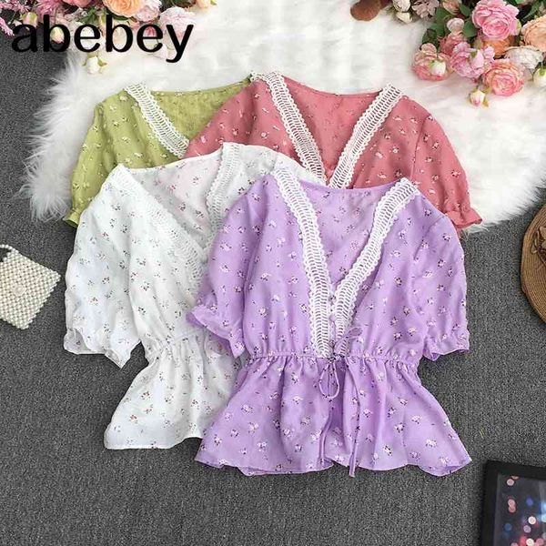 

summer temperament all-match v-neck short sleeve shirt drawstring lace up waist slim floral 210512, White