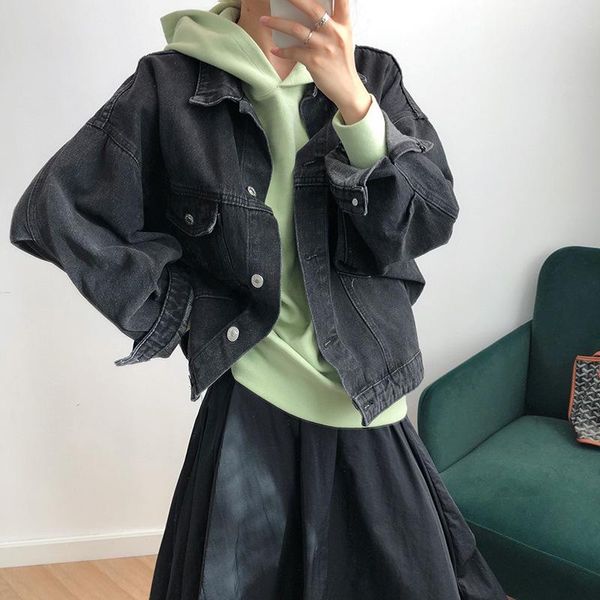 

women's jackets jeans jacket women 2021 autumn loose long sleeve coat retro gray turn-down collar denim baggy oversize bomber os173, Black;brown