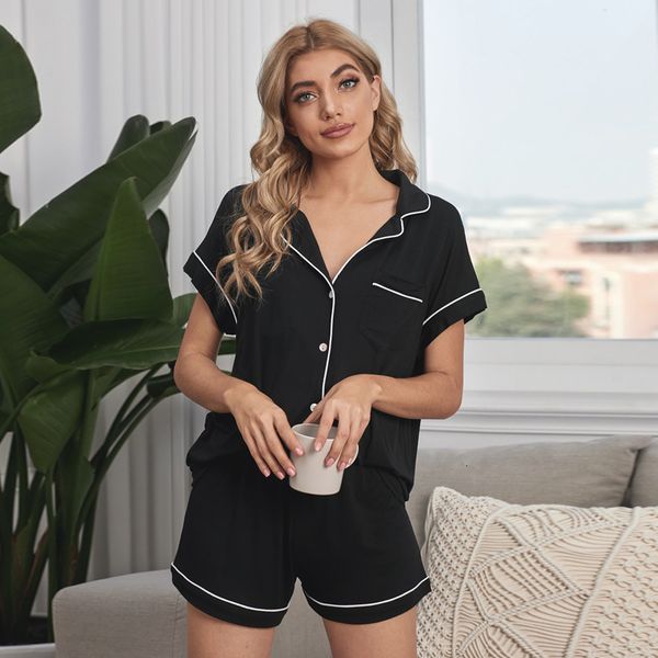 

short sleeve shorts button housewear suit 2021 modal pajamas women's summer, Black;red