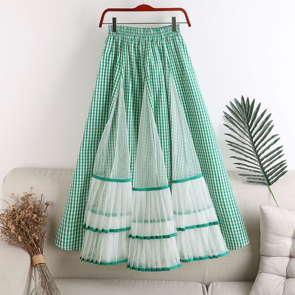 

skirts fashion gauze tulle patchwork plaid long pleated 4tqy, Black