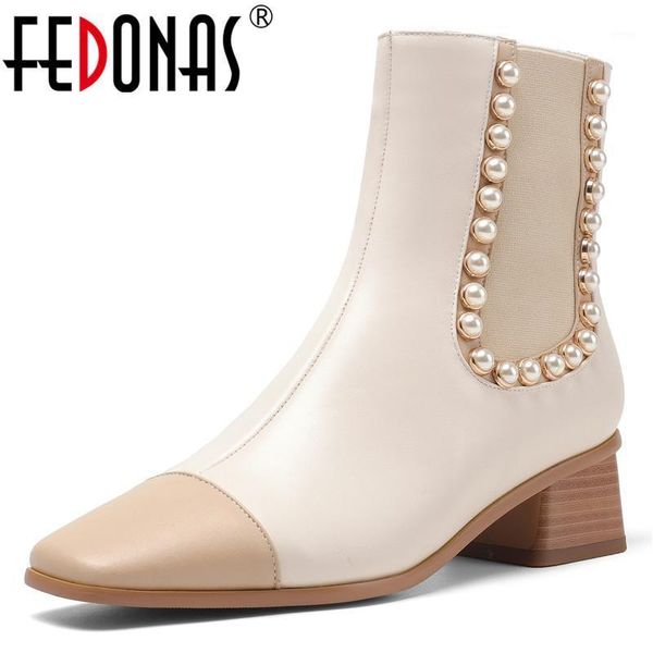 

boots fedonas pearl decoration women ankle genuine leather low heels pups for winter est casual offce lady shoes woman1, Black