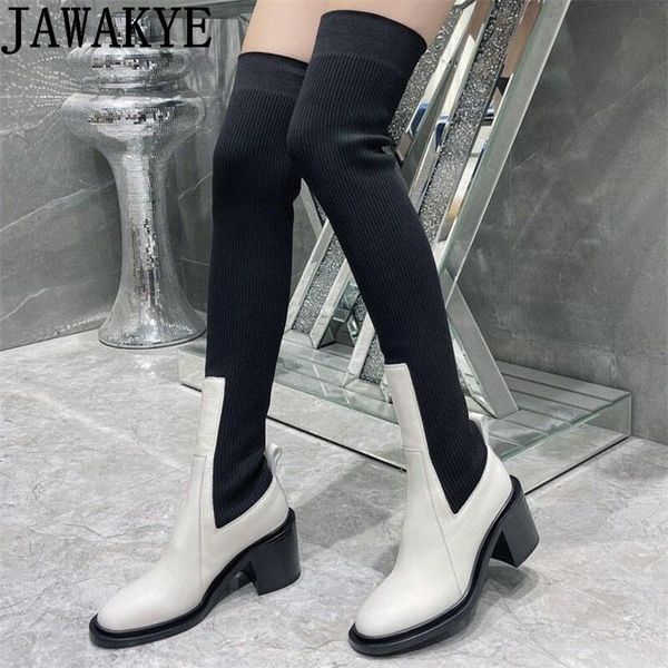

boots black white mixed color over the knee elastic socks women chunky heel long winter quality fashion week brand