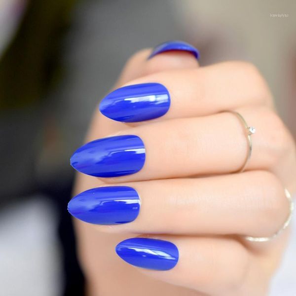 

shiny blue false stilettos nails pure royal oval stiletto sharp fake uv gel effect manicure wear art tips1, Red;gold