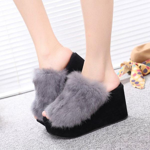

slippers high wedge women faux fur slides flip flop heels platform winter pantoufle femme, Black