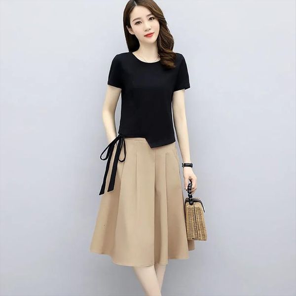 

casual cotton linen skirt suit women tracksuits summer lace up short sleeve irregular crop elastic waist a line 2, Gray