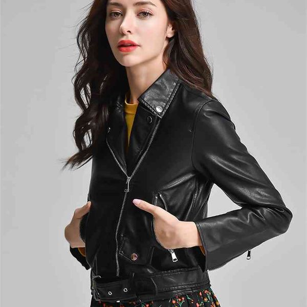 

black leather jacket women faux biker coat with blet female punk outwear short bomber coats motorcycle jackets 210430