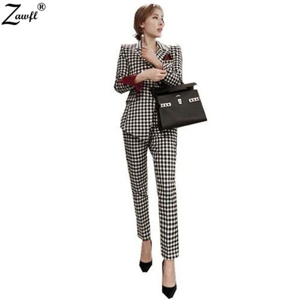 

zawfl autumn winter korean women offiec 2 piece set plaid irregular blazers coat + business pencil long pants 210525, White