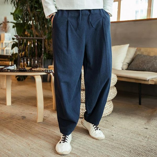 

chinese style men's cotton linen casual pant spring autumn solid lantern trousers fat& big long haren pants plus size 5xl, Black