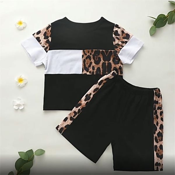 Kinderkleidung Sommer Leopardenmuster Sticken Kurzärmele Top+Short 2Pcs Boy's Clothes Baby Set 210528