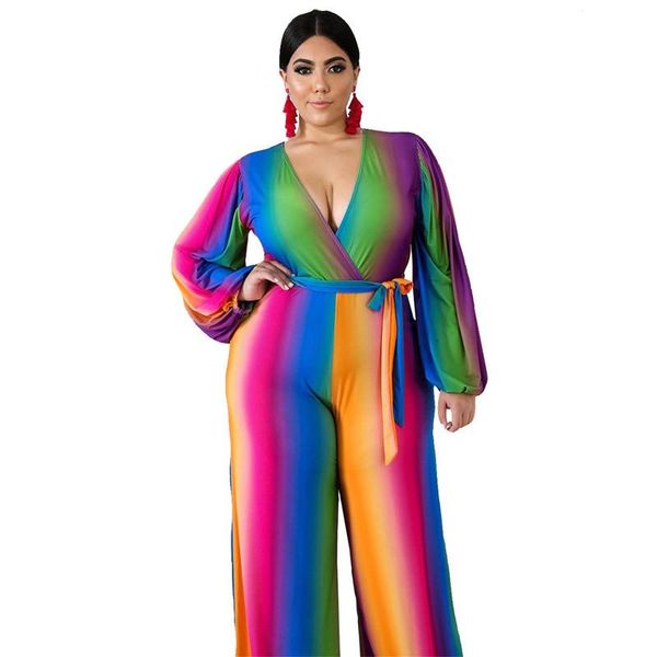 

women's jumpsuits & rompers colorful stripe jumpsuit women plus size 4xl deep v neck wrap long lantern sleeve club one piece wide leg o, Black;white