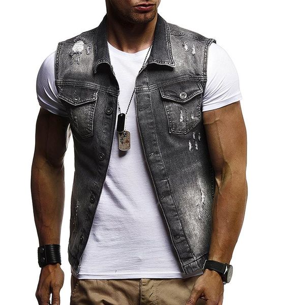 

men' tank motorcycle denim jacket, slim-fit autumn and spring ripped vest, outdoor lapel sleeveless top, White;black